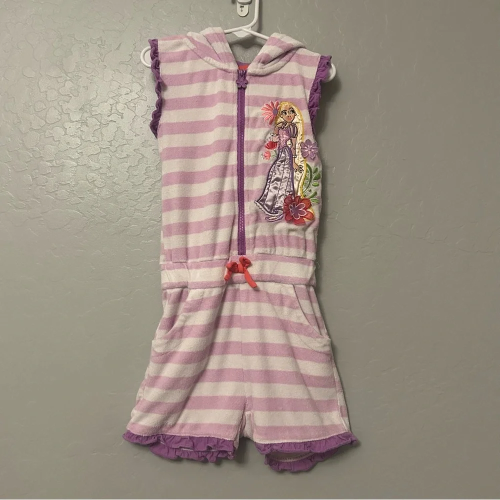 Disney Rapunzel purple and white striped shorts romper terry swim cover up 5/6
